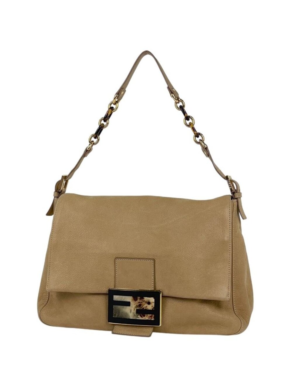 Fendi Zucca Logo Shoulder Bag Big Mamma Baguette Leather Beige